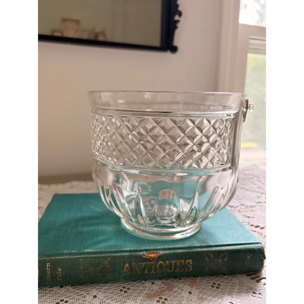 Vintage Diamond Cut Glass Ice Bucket with Hammered Metal Swivel Handle Barware